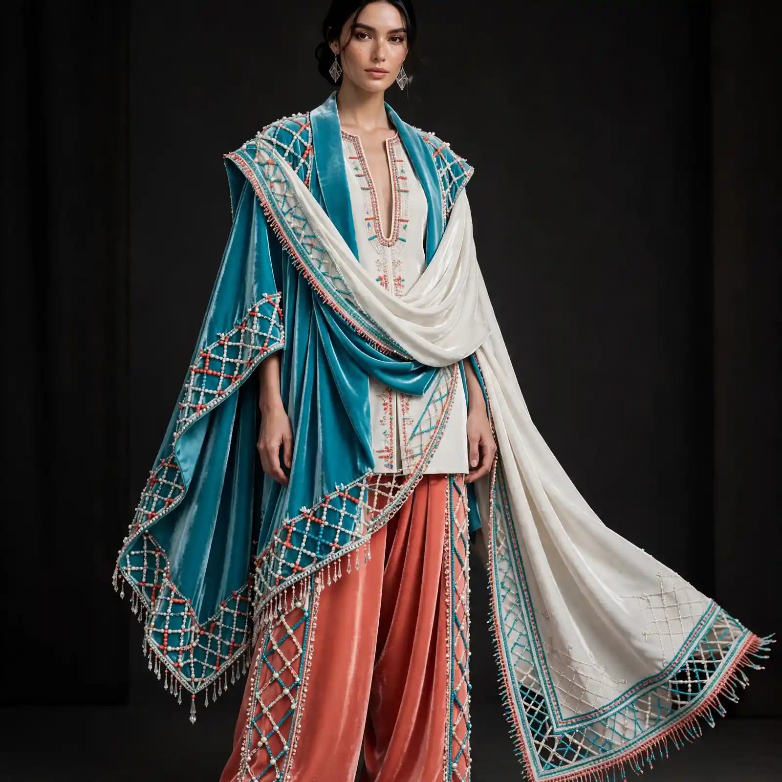 ExpensiveE Ivory Temple Fan Halo Couture Architectural Bridal Saree