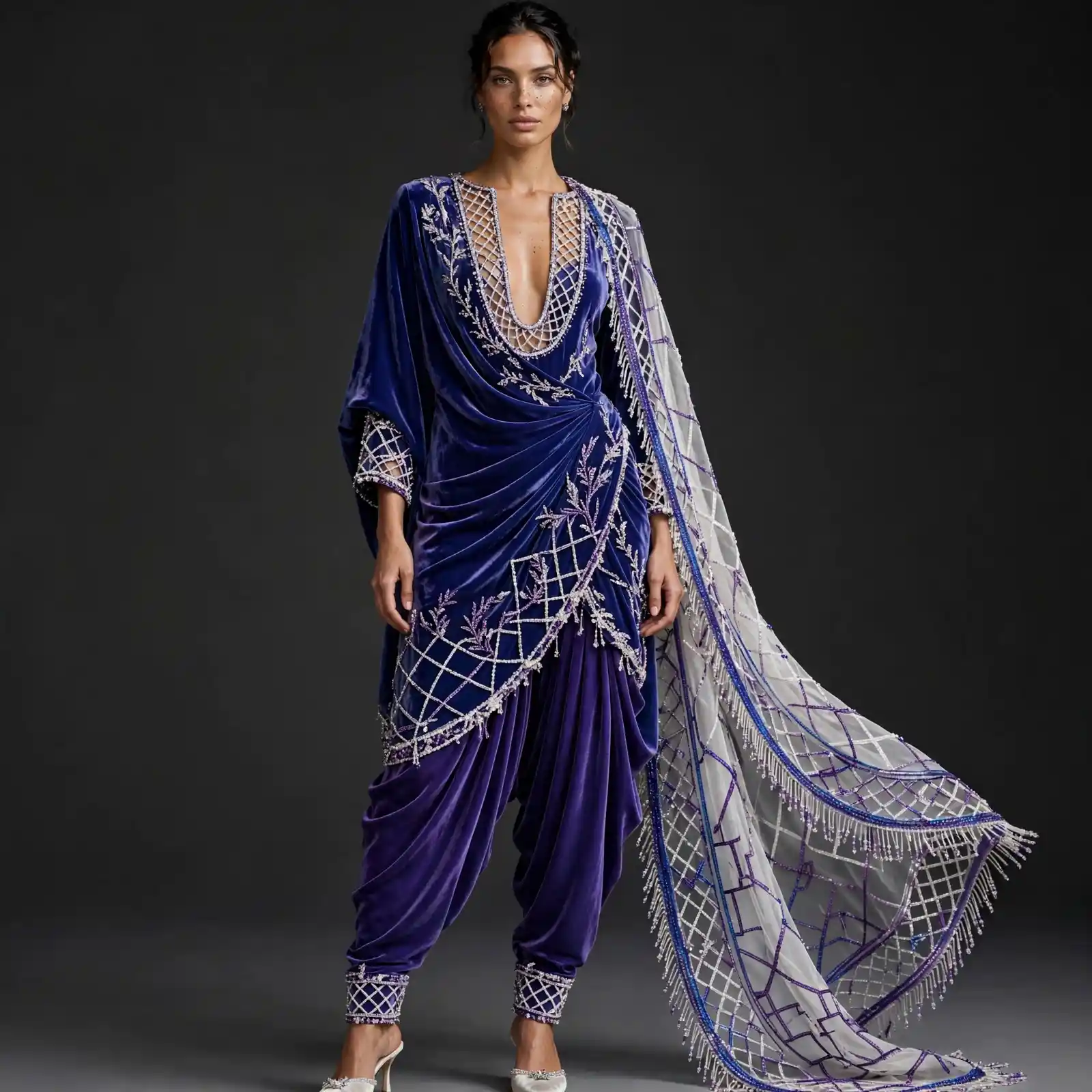 ExpensiveE Mauve Ruffle Fairy Tale Couture Bridal Saree