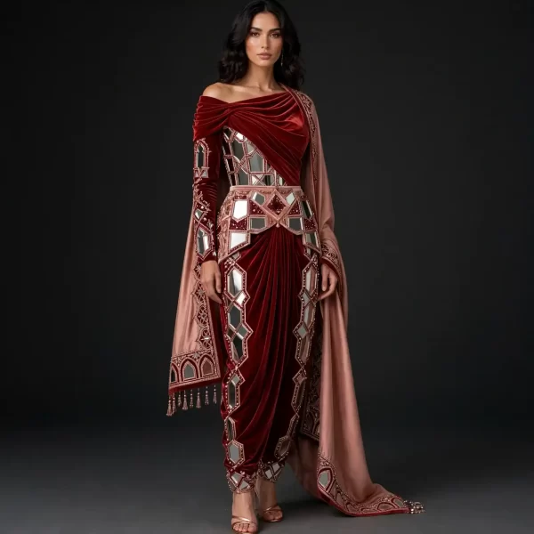 ExpensiveE Burgundy Beige Peacock Feather Royal Temple Bridal Saree