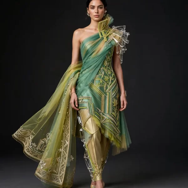 ExpensiveE Jade Citrine Crystal Cage Sculpted Salwar Suit