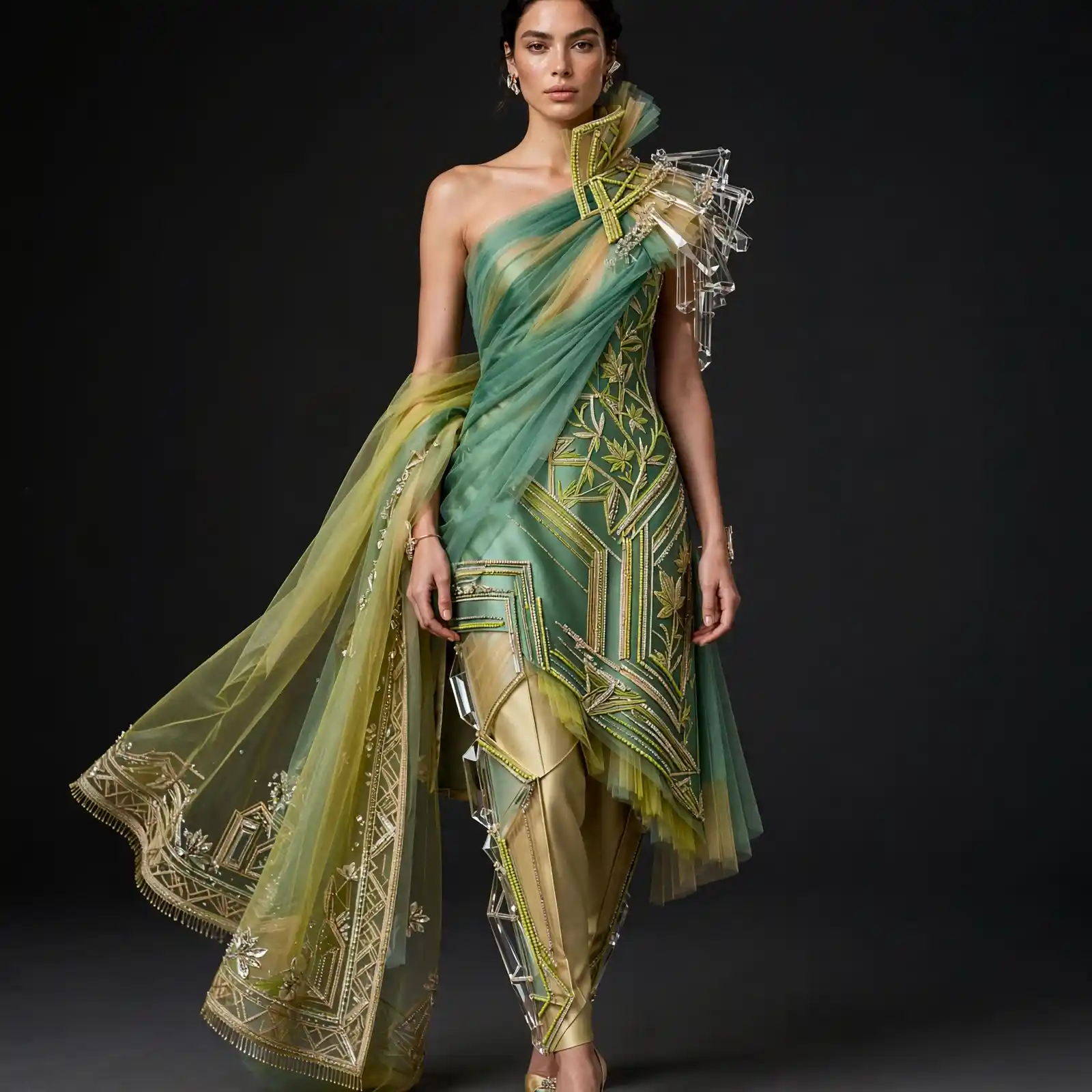 ExpensiveE Jade Citrine Crystal Cage Sculpted Salwar Suit
