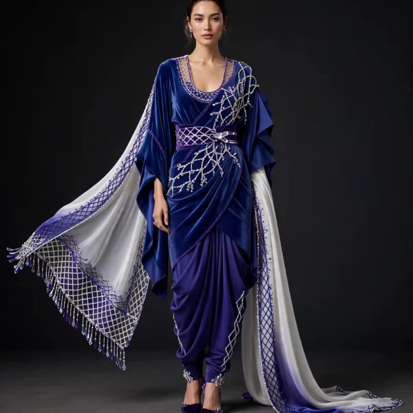 ExpensiveE Royal Sapphire Indigo Lattice Drape Salwar Suit