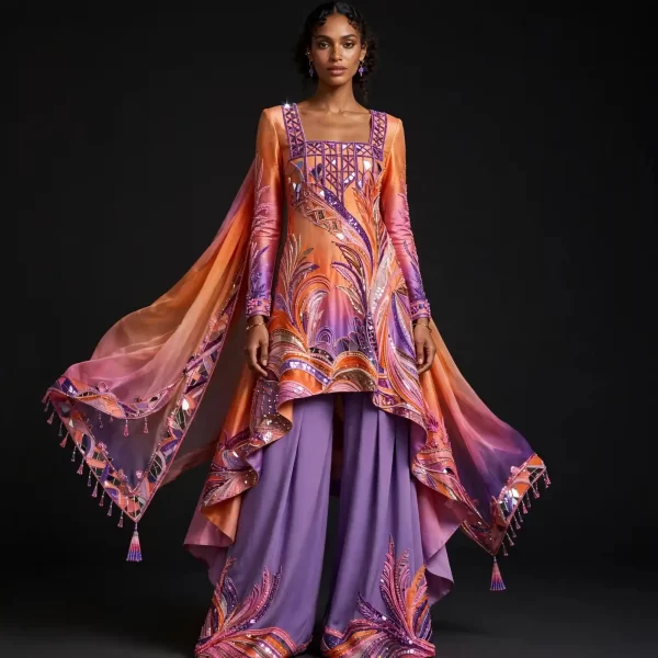 ExpensiveE Tangerine Lavender Feather Mirror Salwar Suit