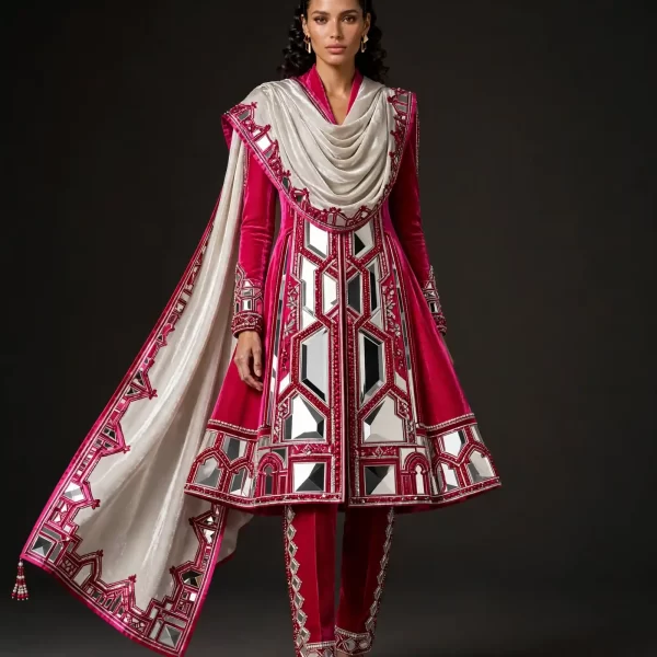 ExpensiveE Fuschia Silver Mirror Palace Anarkali Salwar Suit