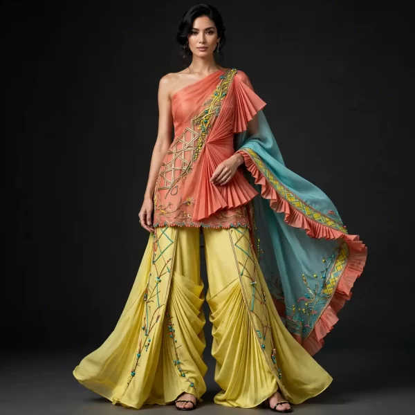 ExpensiveE Coral Turquoise Sunburst Pleated Sharara Salwar Suit