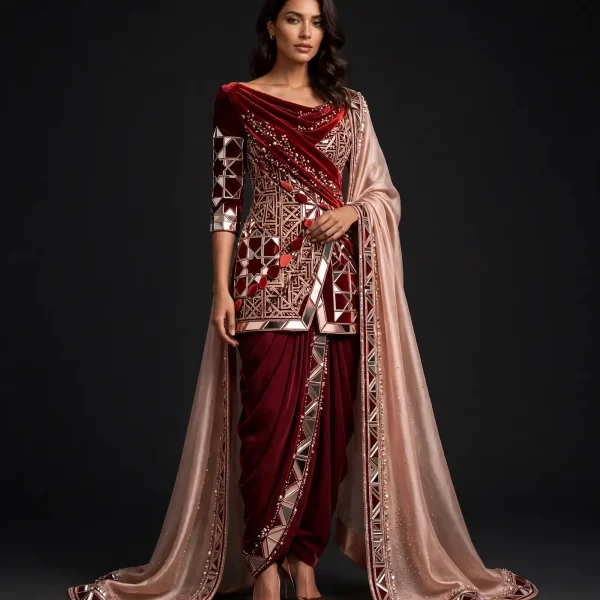 ExpensiveE Burgundy Rose Gold Mirror Draped Dhoti Salwar Suit