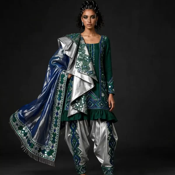 ExpensiveE Emerald Silver Metallic Ruffle Mirror Patiala Salwar Suit