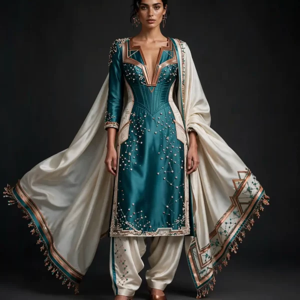 Expensivee Teal Pearl Constellation Corset Salwar Suit