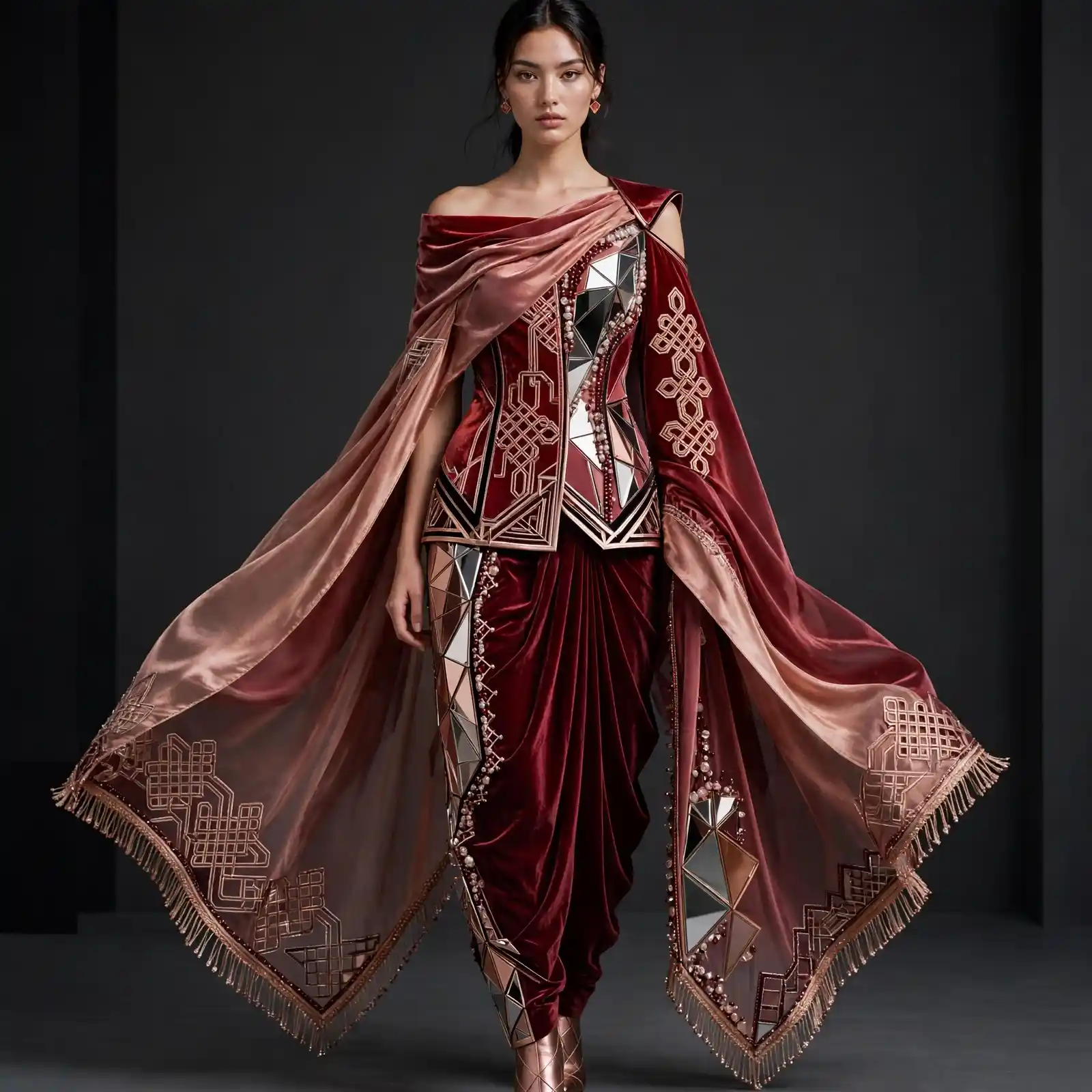 Expensivee Bordeaux Mirror Diamond Armor Velvet Dhoti Suit