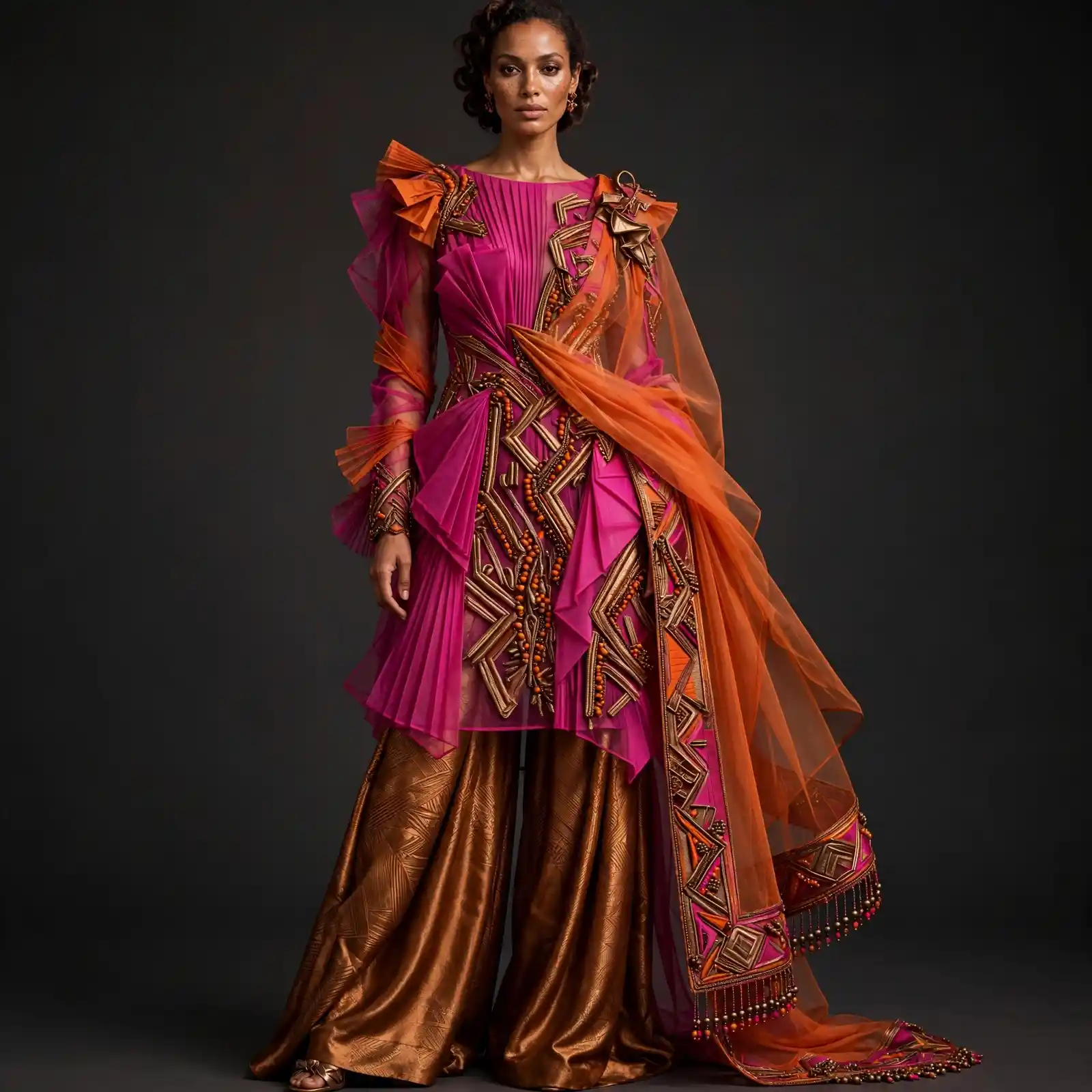 Expensivee Fuchsia Bronze Tribal Pleat Wide Palazzo Suit