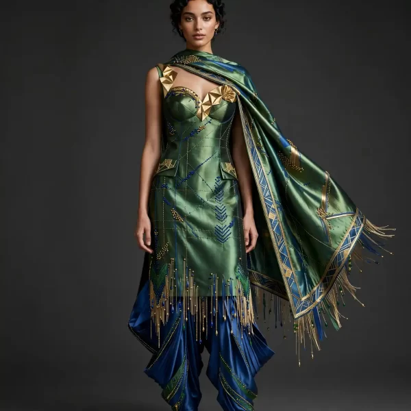 Expensivee Emerald Blue Gold Feather Fringe Peacock Suit