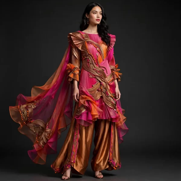 ExpensiveE Ruby Red Pichwai Cow Lotus Ruffle Heritage Bridal Saree