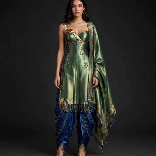 ExpensiveE Royal Blue Beige Gold Corset Manuscript Bridal Saree