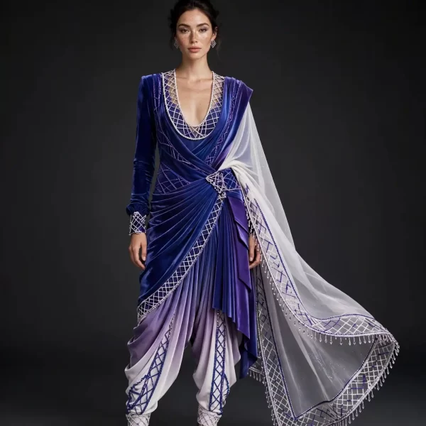 ExpensiveE Royal Blue Ikat Chevron Temple Tower Velvet Bridal Saree