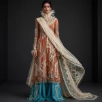 Expensivee Terracotta Turquoise Geometric Temple Crystal Couture Salwar Suit
