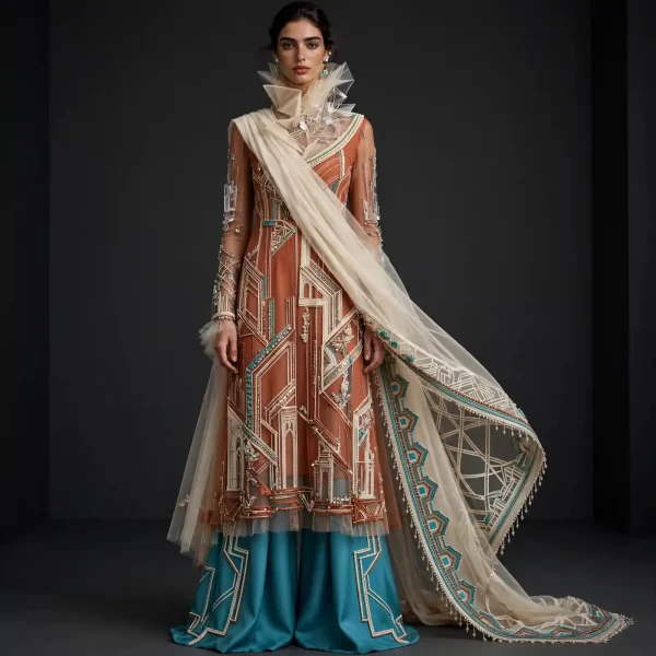 ExpensiveE Terracotta Turquoise Geometric Temple Crystal Couture Salwar Suit