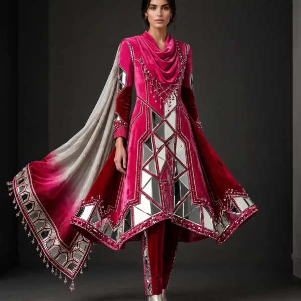ExpensiveE Fuchsia Mirror Prism Ombre Velvet Couture Salwar Suit