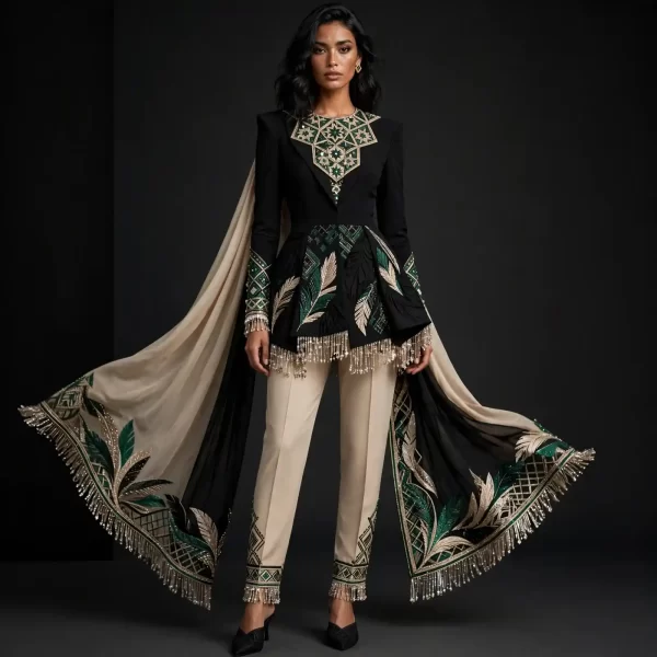 ExpensiveE Midnight Black Emerald Feather Fringe Peplum Salwar Suit