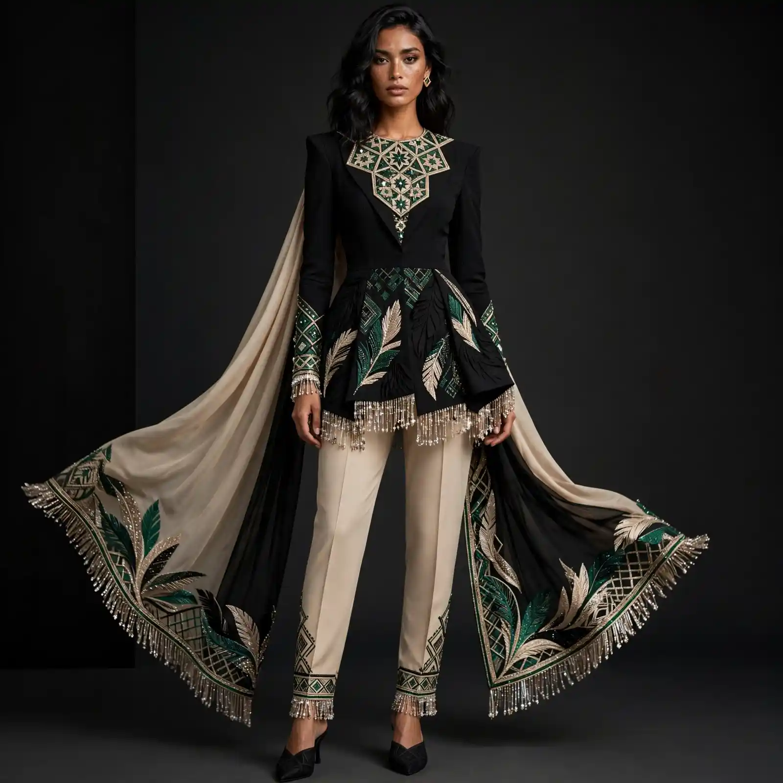 ExpensiveE Midnight Black Emerald Feather Fringe Peplum Salwar Suit