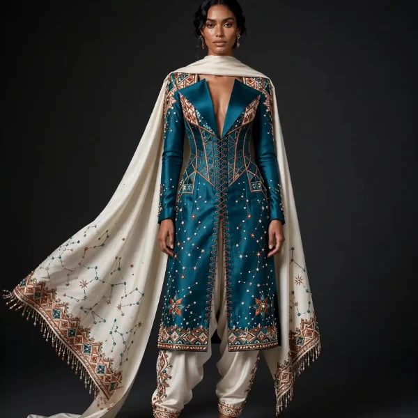 ExpensiveE Teal Copper Celestial Lace-Up Blazer Salwar Suit