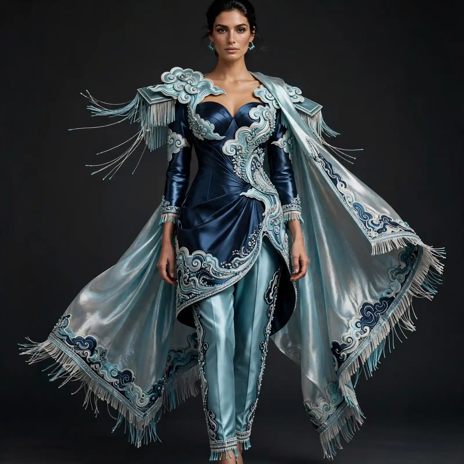 Expensivee Midnight Blue Ice Cloud Dragon Fringe Couture Salwar Suit