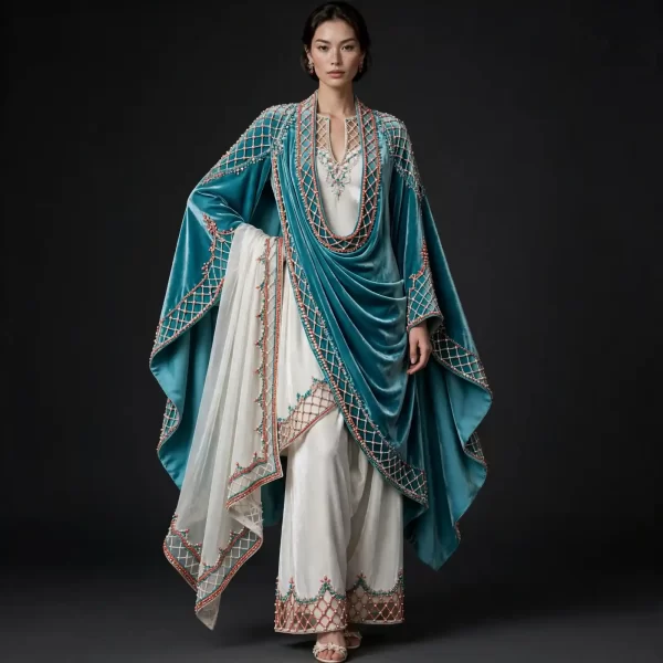 ExpensiveE Teal Ivory Pearl Lattice Velvet Draped Salwar Suit