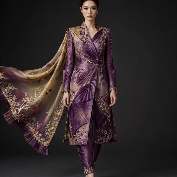 ExpensiveE Plum Gold Bamboo Blossom Pleated Couture Salwar Suit