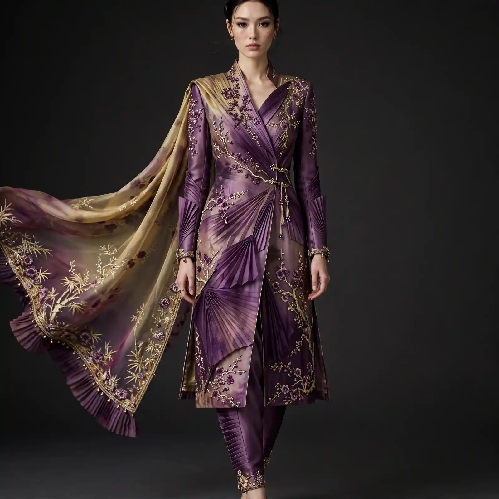 ExpensiveE Plum Gold Bamboo Blossom Pleated Couture Salwar Suit