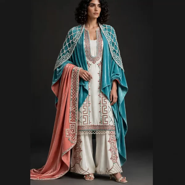 Expensivee Teal Ivory Pearl Lattice Sharara Salwar Suit