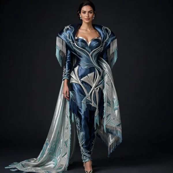 ExpensiveE Midnight Blue Silver Art Deco Fringe Salwar Suit