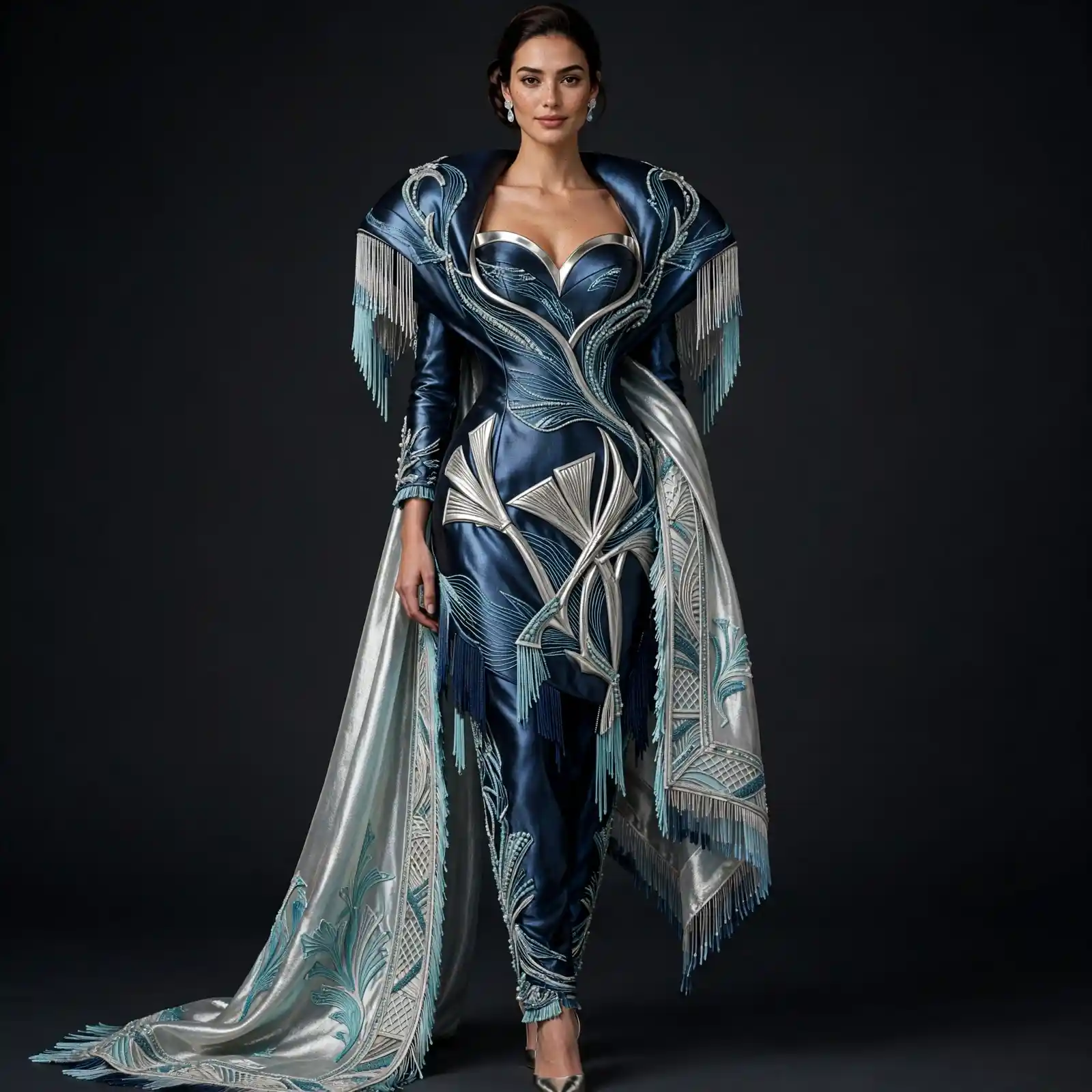 Expensivee Midnight Blue Silver Art Deco Fringe Salwar Suit