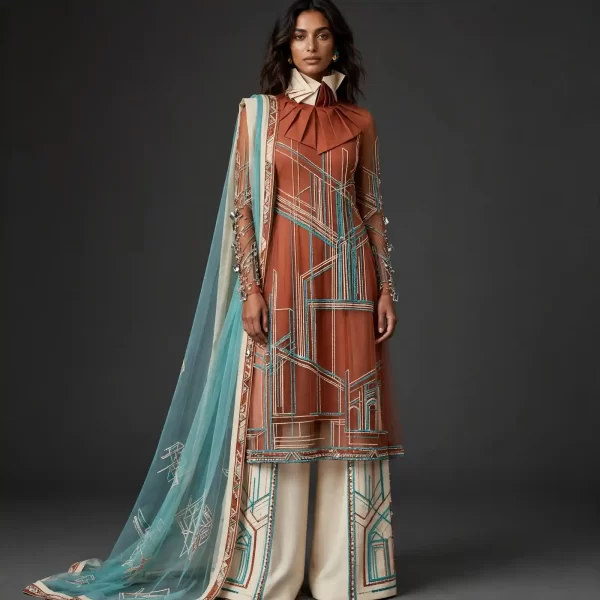 ExpensiveE Rust Teal Origami Pleat Geometric Salwar Suit