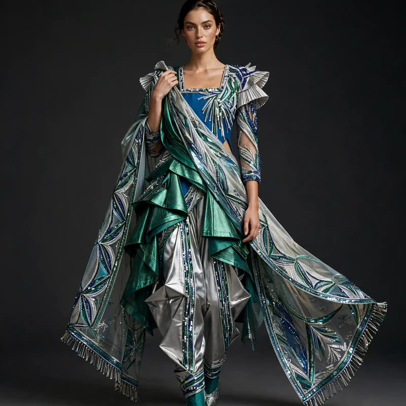 Expensivee Teal Silver Metallic Ruffle Saree Drape Salwar Suit