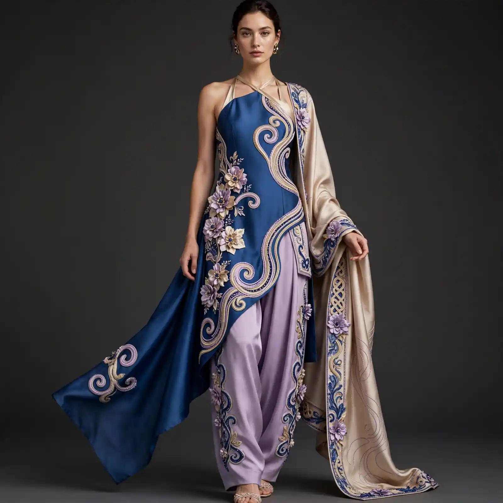 ExpensiveE Cobalt Blue 3D Floral Baroque Sharara Suit