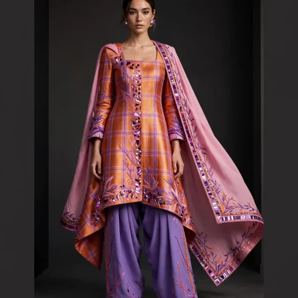 Expensivee Rust Orange Plaid Mirror Feather Salwar Suit