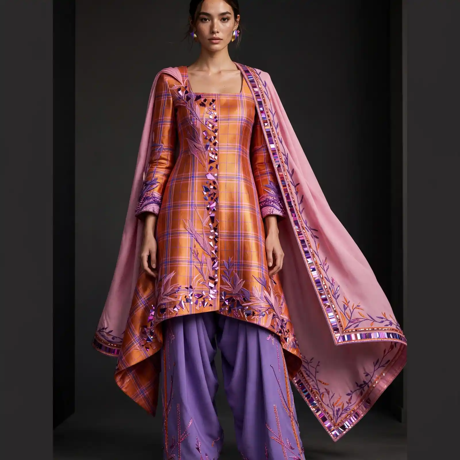 Expensivee Rust Orange Plaid Mirror Feather Salwar Suit