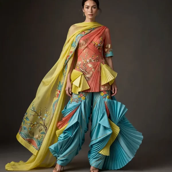 Expensivee Sunset Coral Turquoise Origami Pleat Sharara Suit