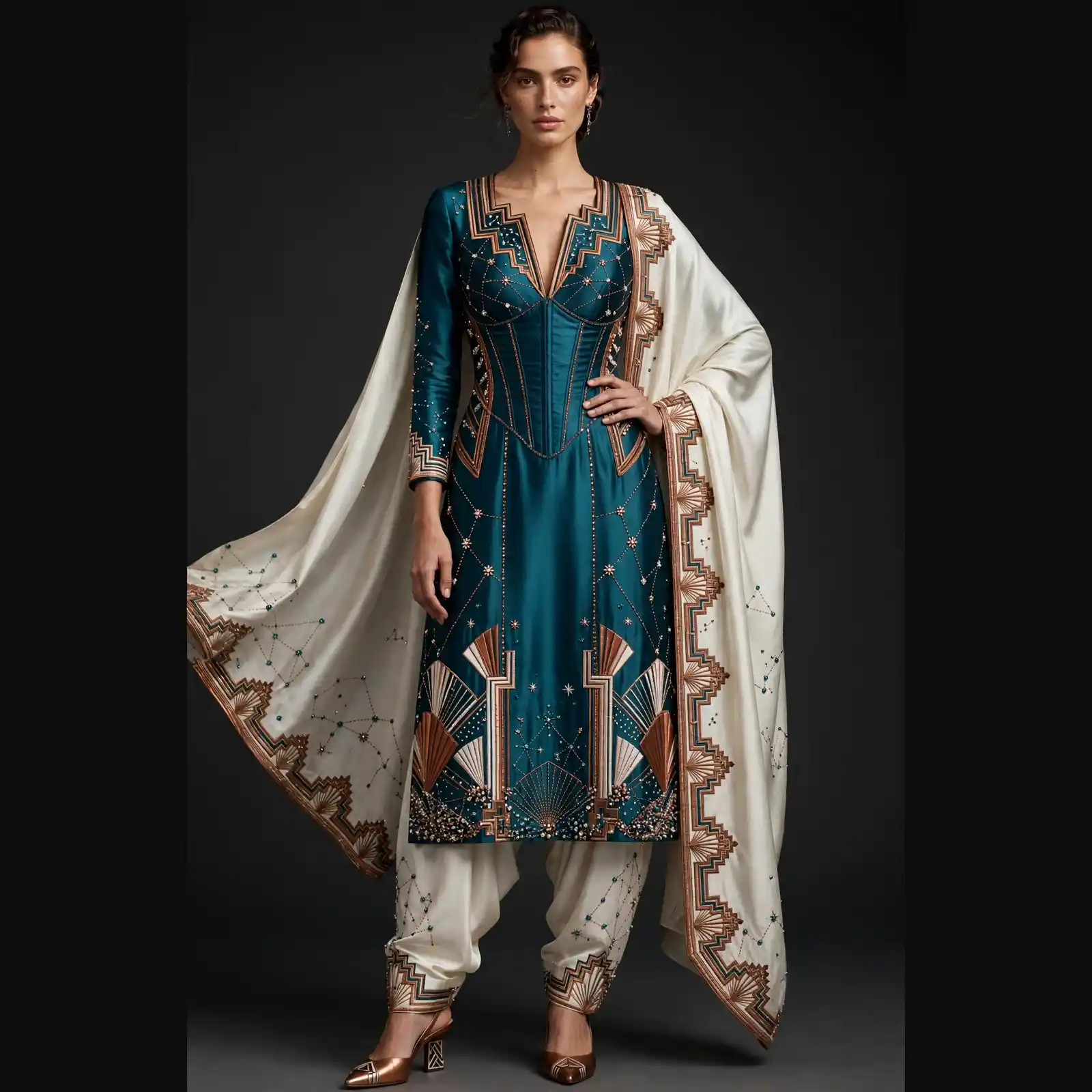 Expensivee Teal Constellation Art Deco Corset Salwar Suit