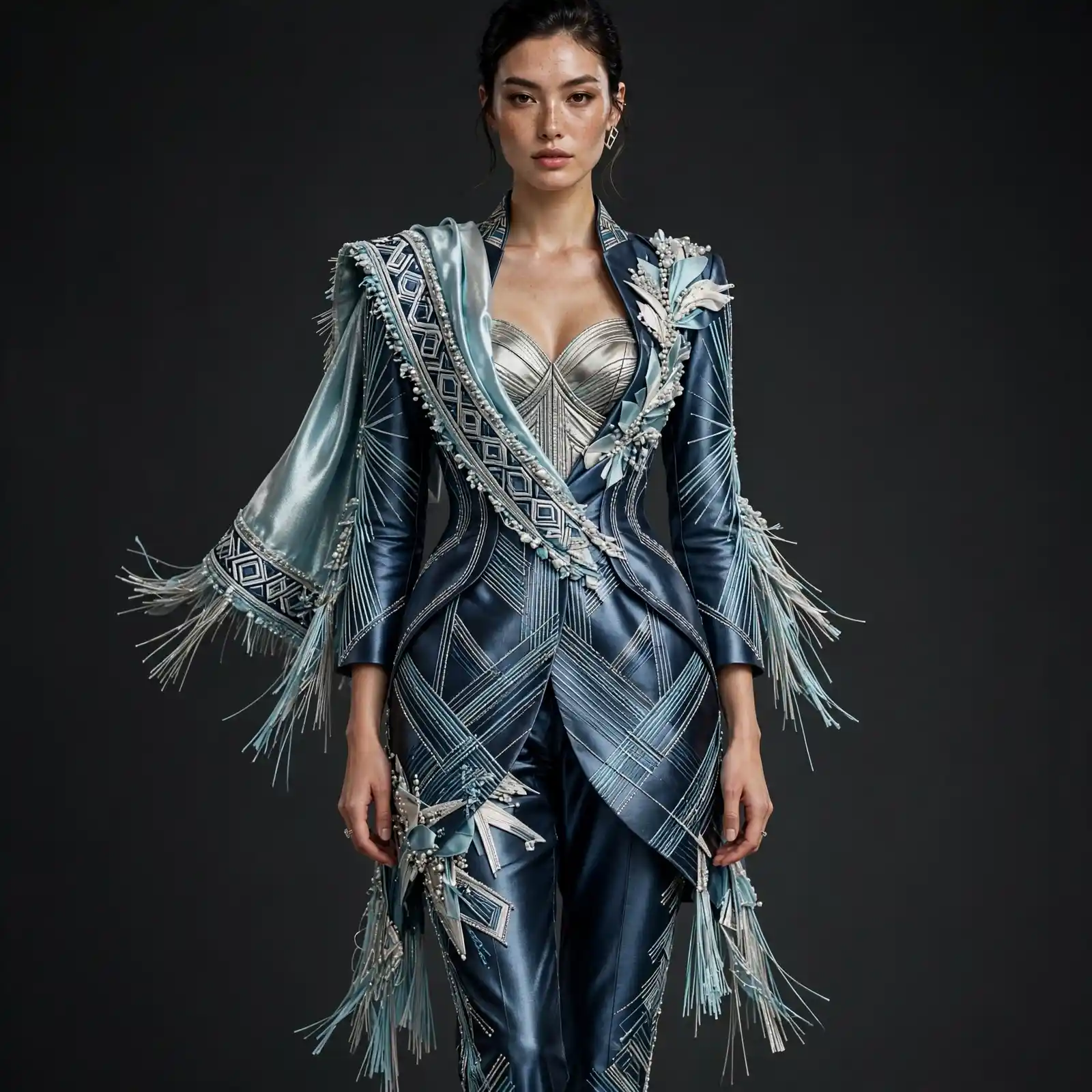 Expensivee Midnight Blue Metallic Fringe Power Suit