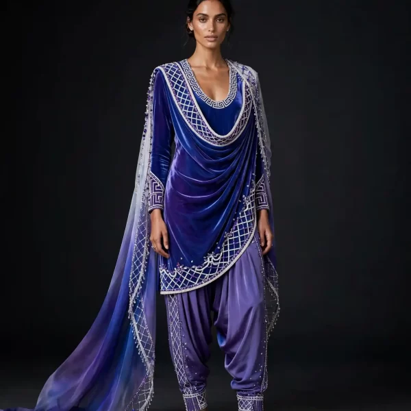 ExpensiveE Royal Indigo Greek Lattice Velvet Drape Salwar Suit