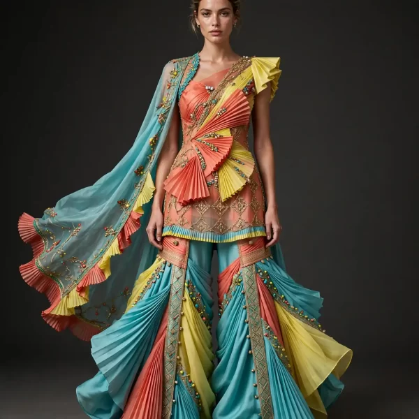 ExpensiveE Coral Turquoise Fan Pleat Festive Couture Salwar Suit
