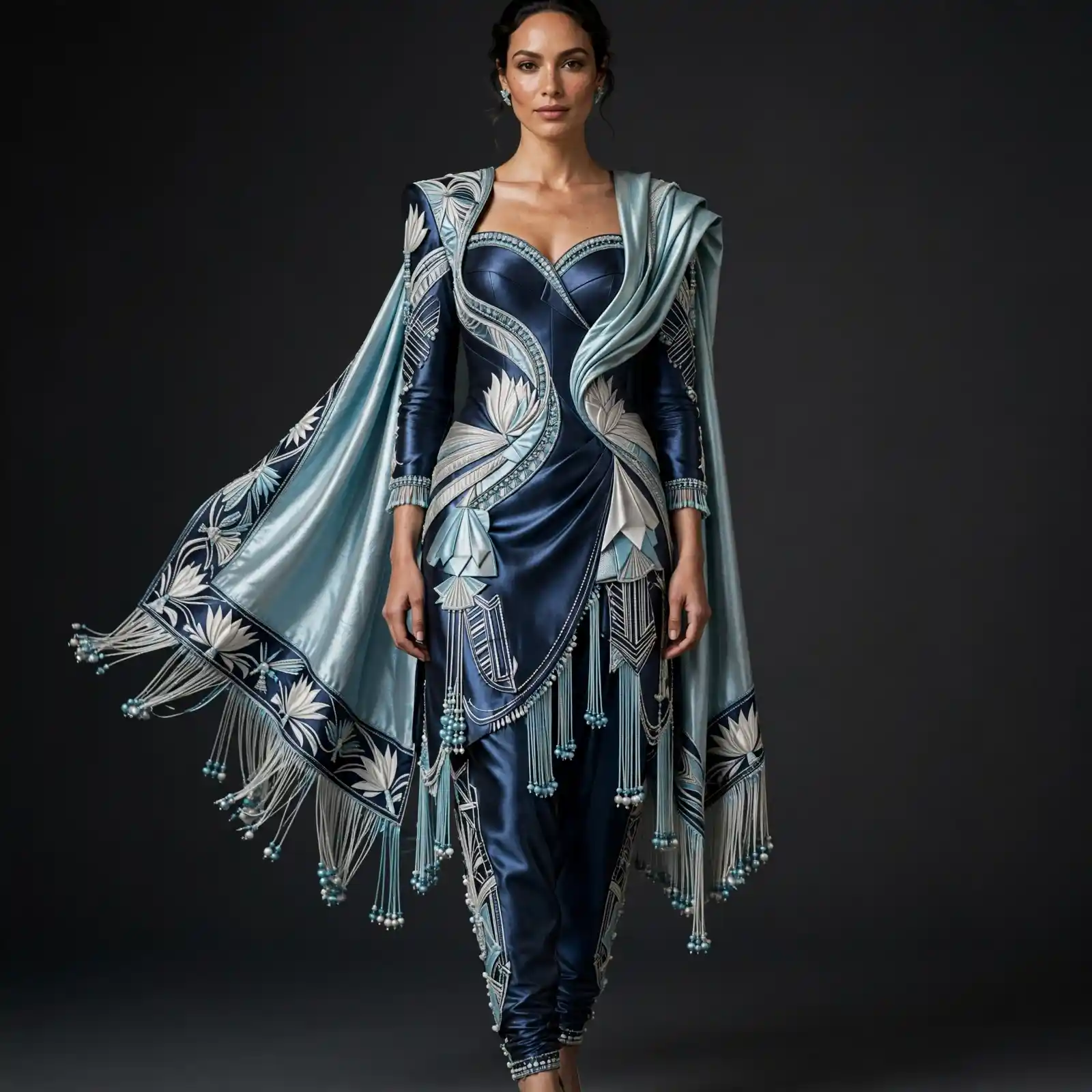 Expensivee Navy Lotus Origami Fringe Cape Salwar Suit