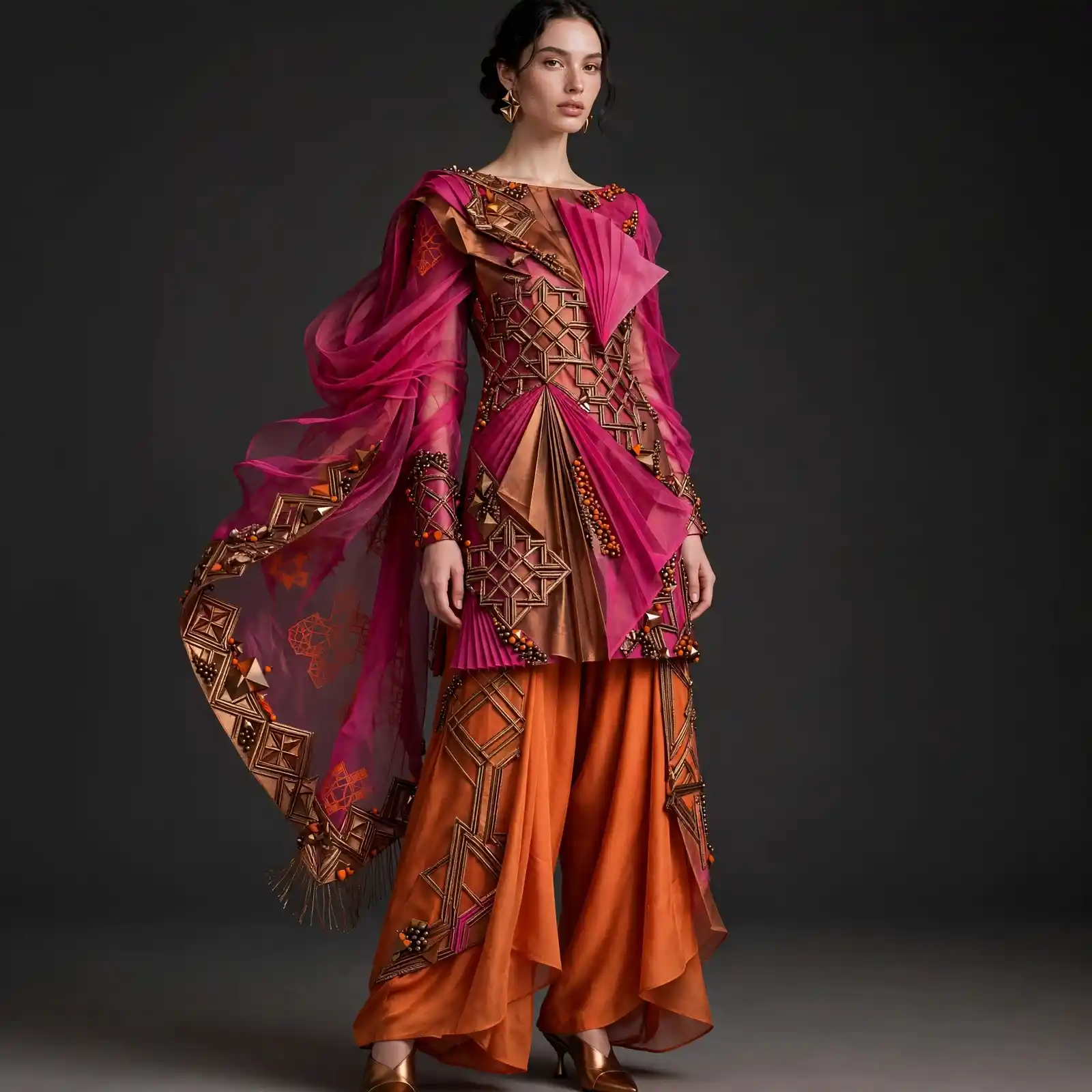 ExpensiveE Magenta Burnt Orange Geometric Temple Salwar Suit