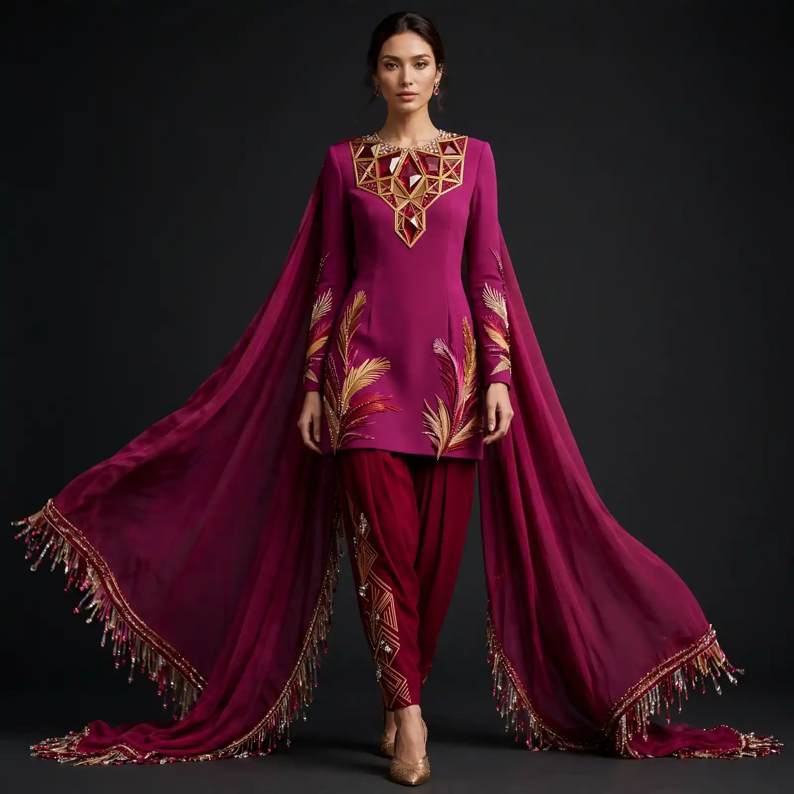 Expensivee Burgundy Ruby Crystal Regal Feather Salwar Suit