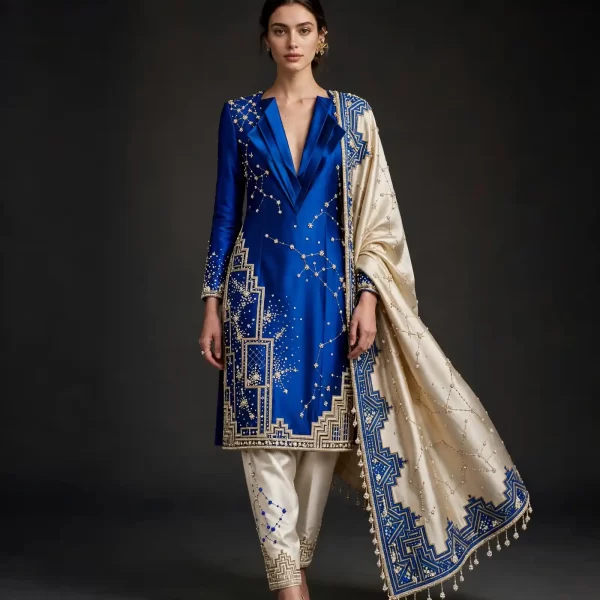 Expensivee Royal Blue Constellation Art Deco Kurta Set