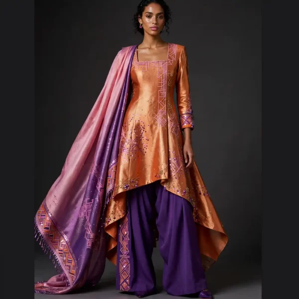 Expensivee Copper Gold Geometric Square Neck Patiala Suit