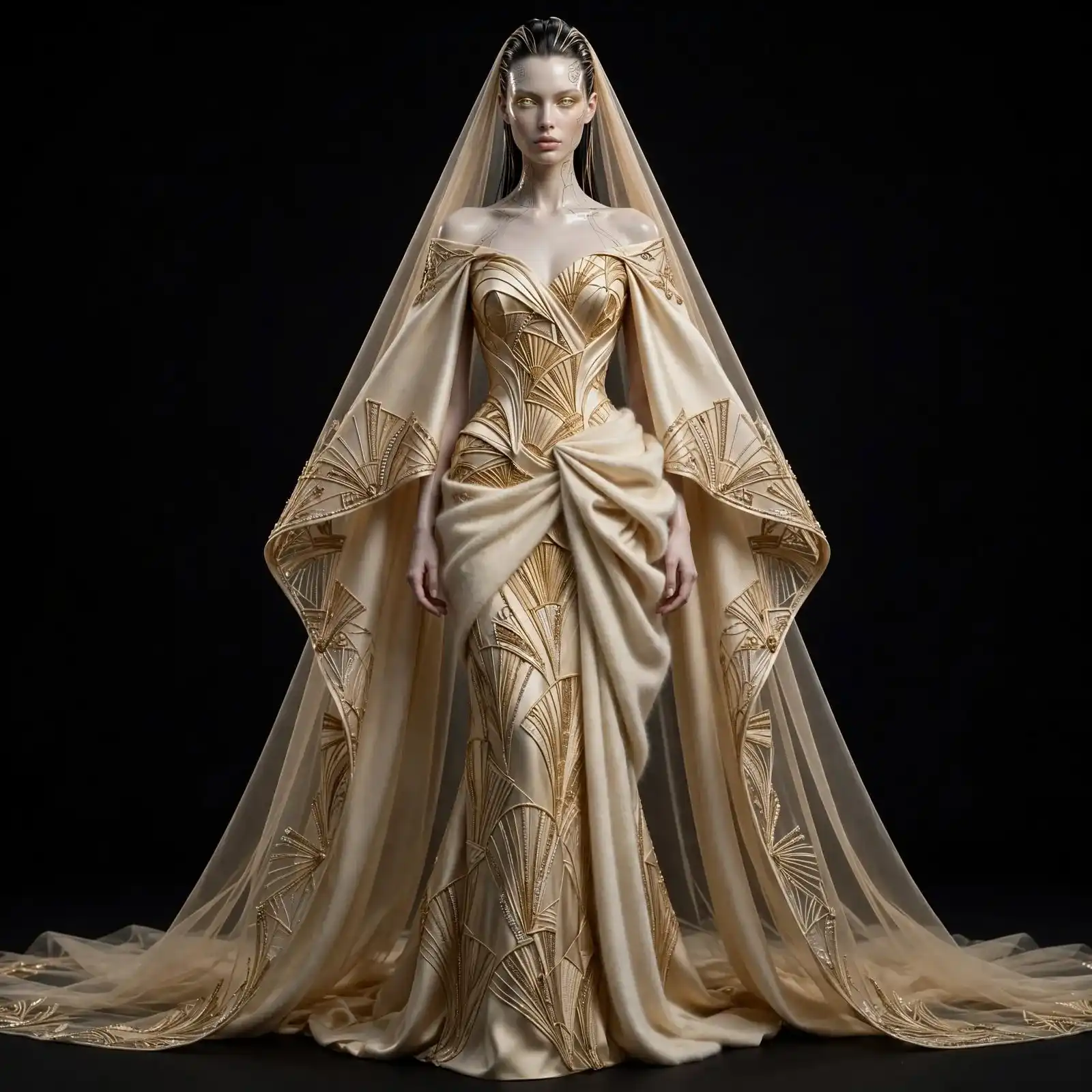 ExpensiveE Ivory Gold Art Deco Fan Draped Bridal Gown