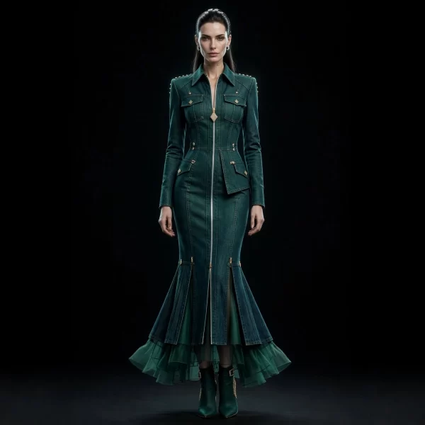 Women's Zip Mermaid Fishtail Shirt Dress with Gold Diamond Hardware and Ruffle Tulle