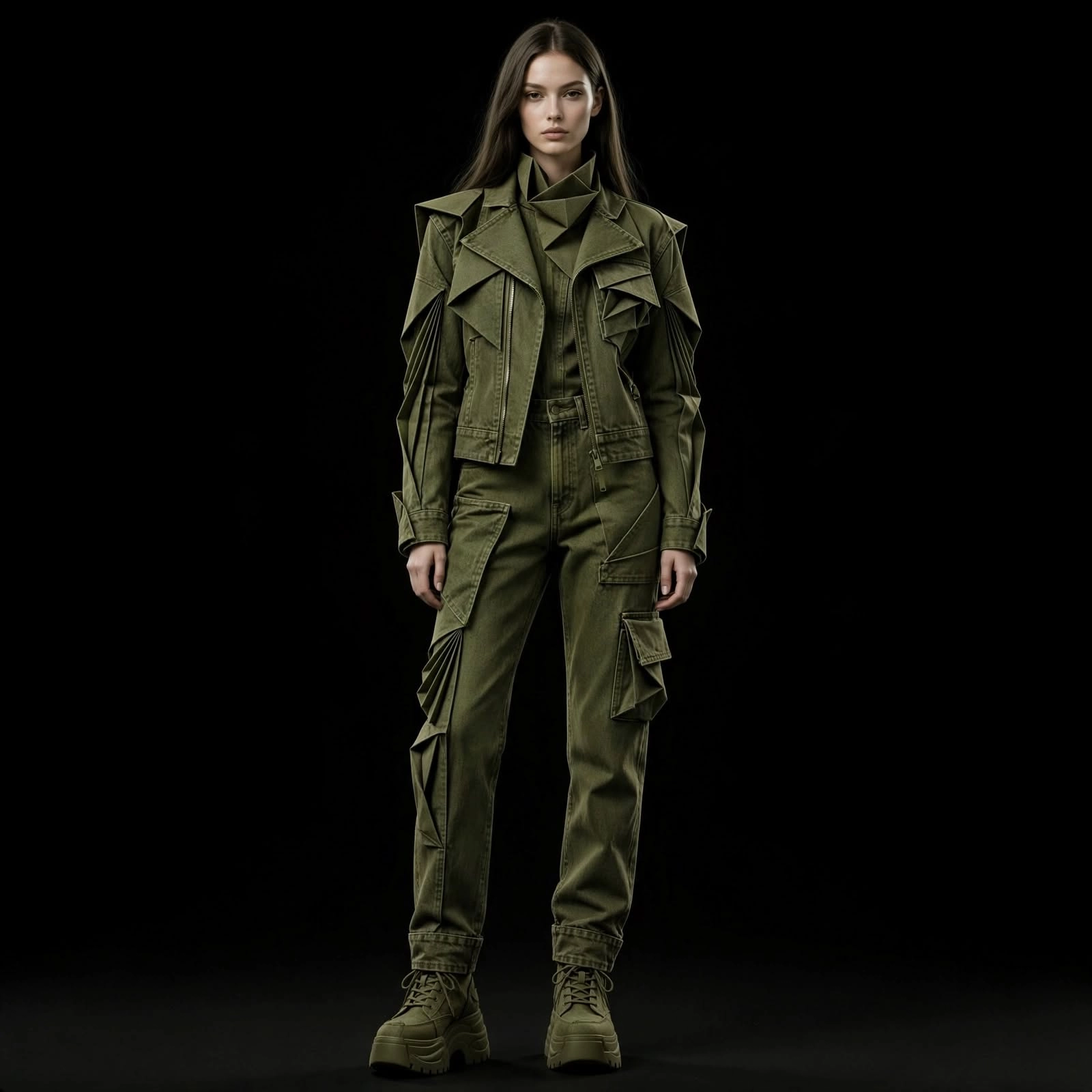 Women's Origami Armor Cropped Moto Jacket with Pleated Fan Shoulder and Cargo Pants