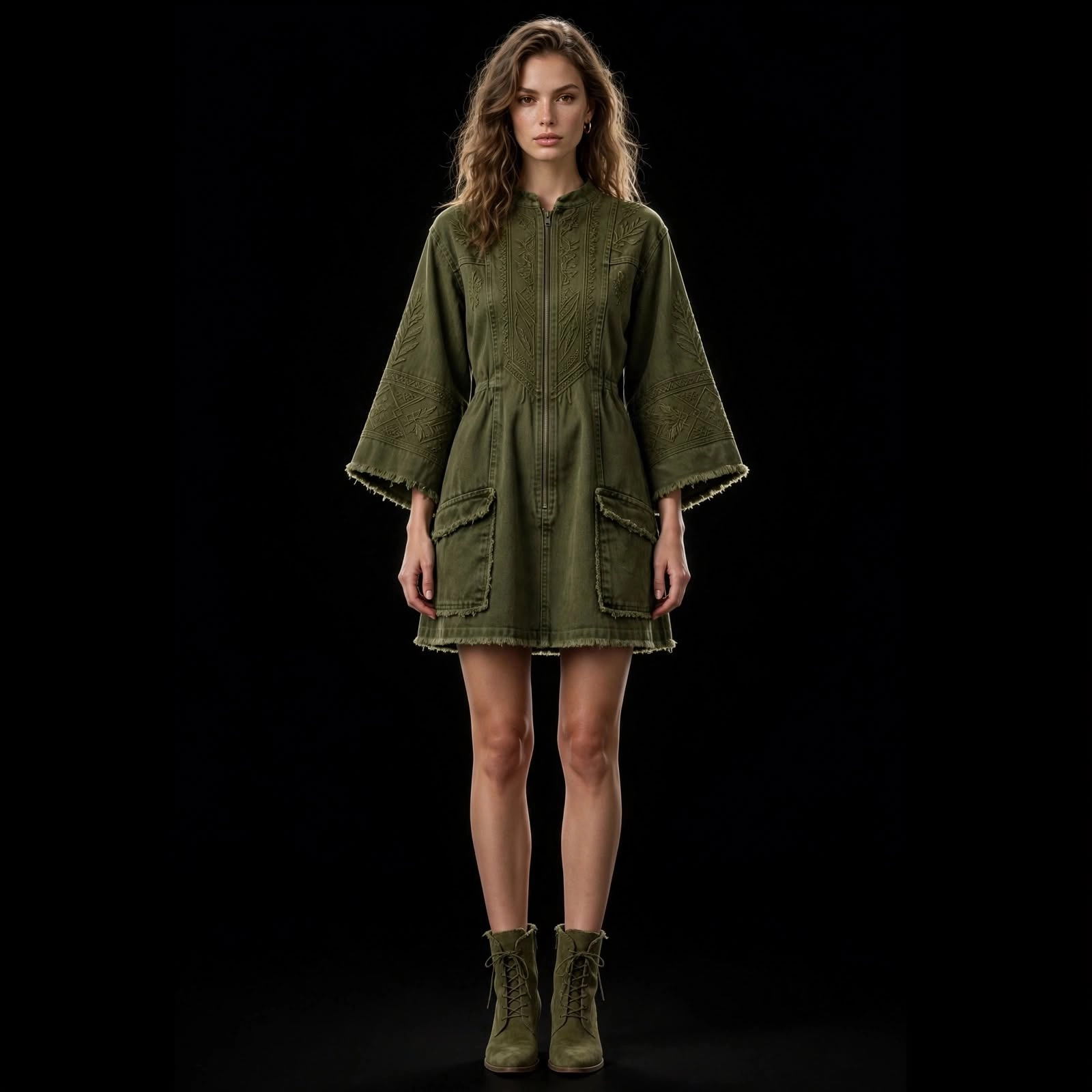 Women's Embroidered Leaf Bell Sleeve Cargo Mini Dress with Frayed Trim